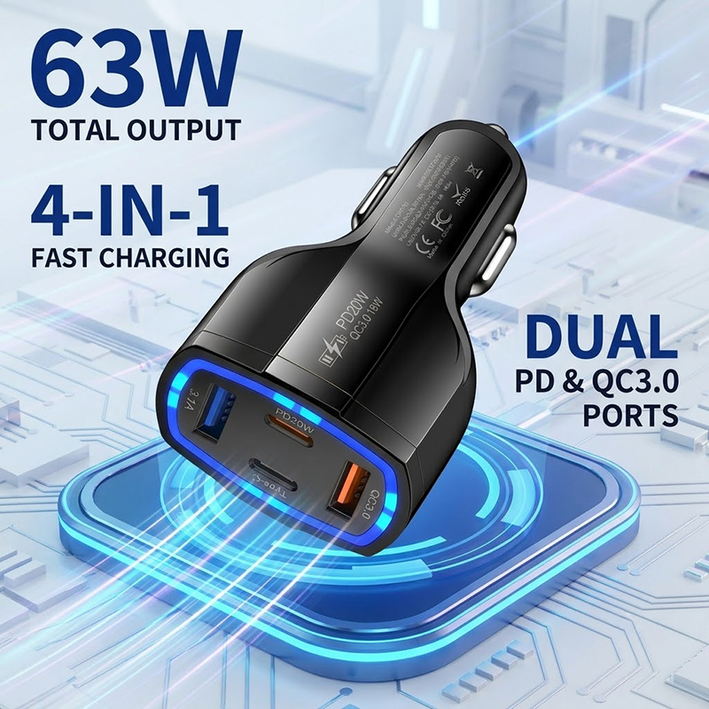 Travel Plug Type C - Wieloportowa ładowarka samochodowa 63W z szybkim
